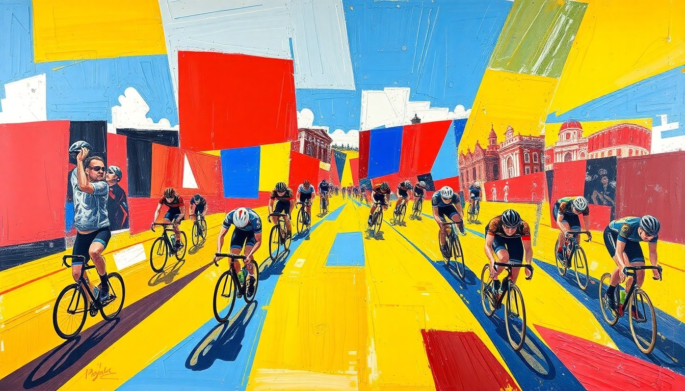 A cubist, geometric painting depicting a Paris-Roubaix cycling race, with overlapping planes of color and motion capturing the energy and complexity of the event.