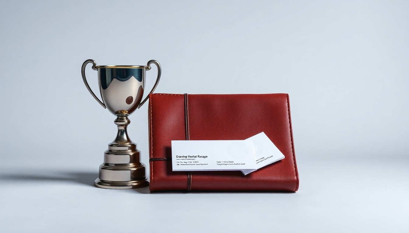 A high-end, photorealistic studio still-life photograph featuring a polished metal trophy, a leather-bound notebook, and a set of professional business cards arranged elegantly on a clean, monochromatic seamless background, conceptually representing the abstract concepts of leadership, strategy, and talent development within the business events industry.
