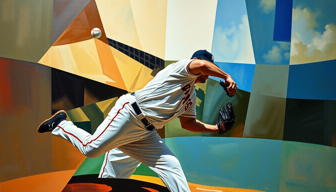 A cubist-style painting depicting a baseball pitcher's windup and delivery broken down into sharp, overlapping geometric shapes and planes, conveying the complex and uncertain nature of Montgomery's return to the Rangers.