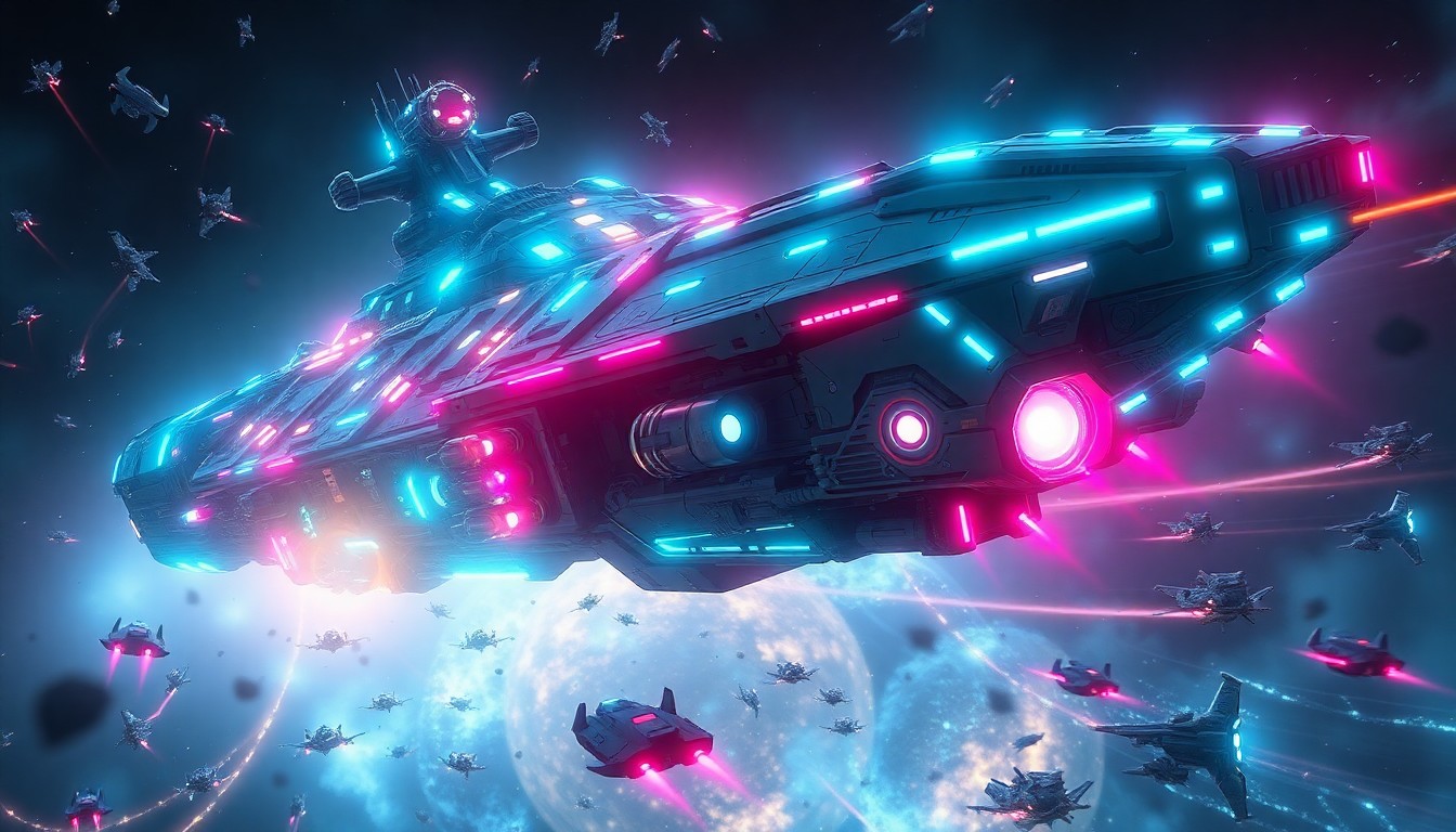 A highly detailed, glowing 3D illustration of a massive, futuristic Terran Armada battleship surrounded by a swirling field of smaller fighter craft and debris, representing the epic scale and technical sophistication of the space battles in the Starfield expansion.