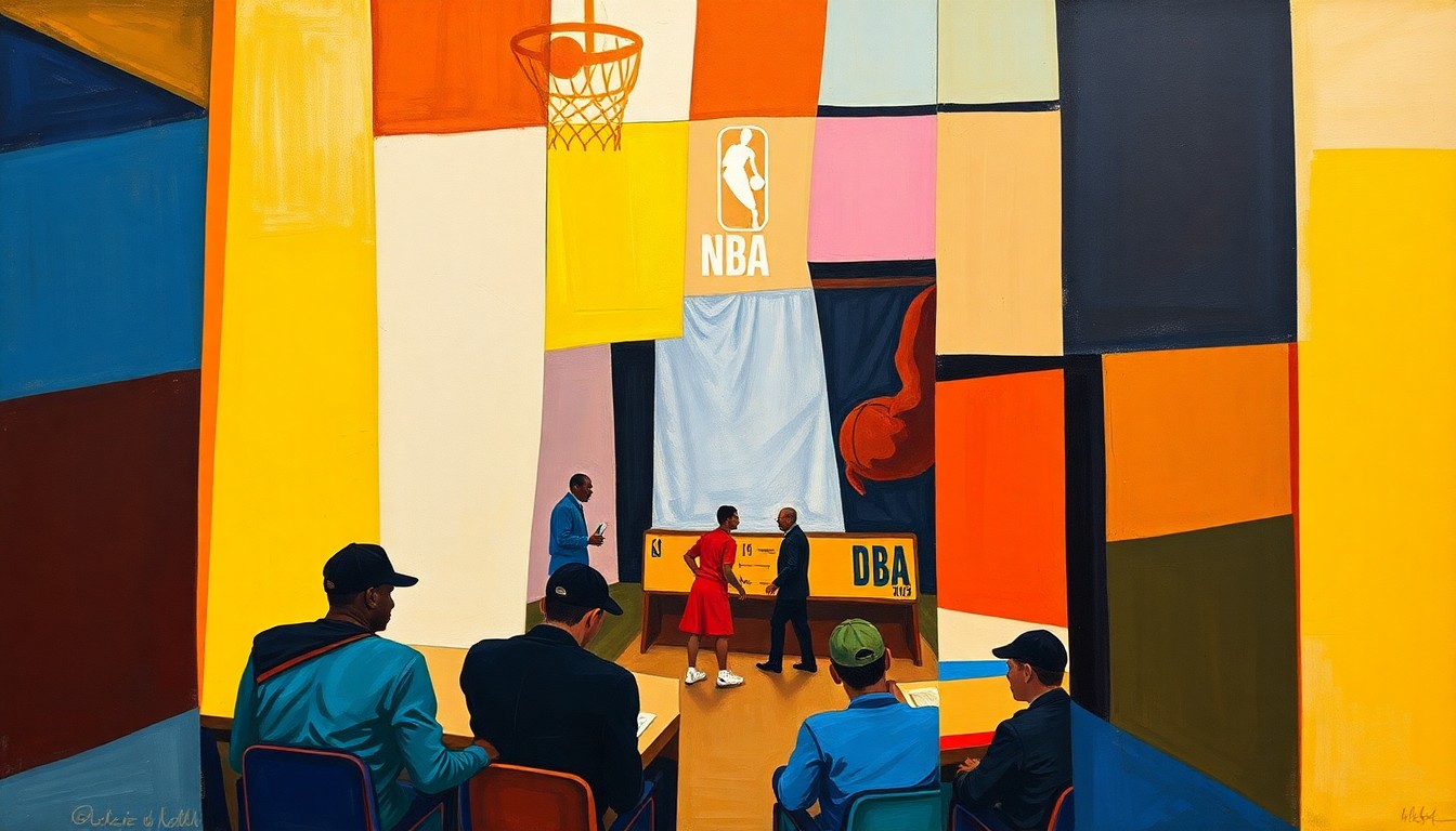 A cubist, geometric painting depicting an abstract NBA draft scene, with sharp, overlapping planes of color and form representing the uncertainty and complexity surrounding the upcoming event.