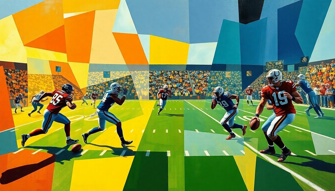 A fragmented, geometric painting in the style of Pablo Picasso, depicting a football game broken down into abstract shapes and colors, capturing the intensity and energy of the sport.