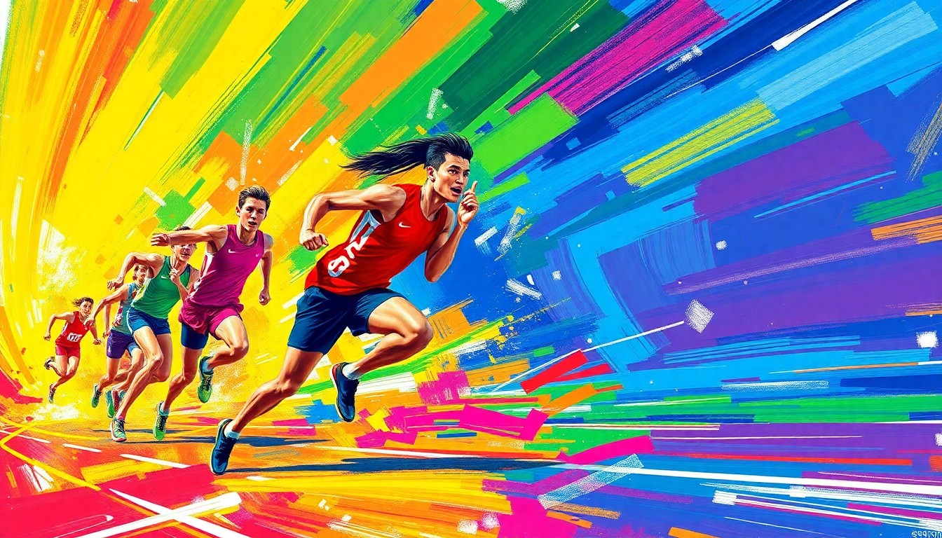 An abstract expressionist painting in neon colors, with dynamic brushstrokes evoking the fast-paced motion and energy of a high school track and field event.