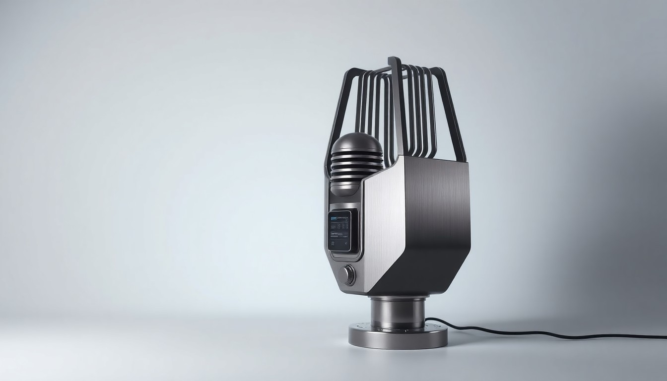 A sleek, minimalist studio photograph of a polished metal radio transmitter tower floating on a clean, monochromatic background, conceptually representing the changing dynamics of the radio industry.