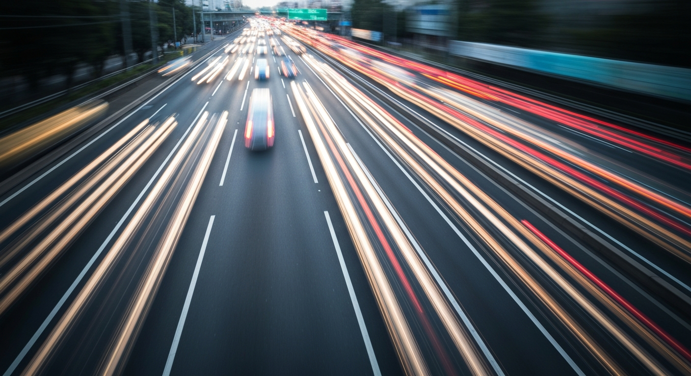 Sweeping, blurred brushstrokes of bright colors representing the motion and energy of a busy multi-lane road, conceptually illustrating a temporary lane closure to improve traffic flow.