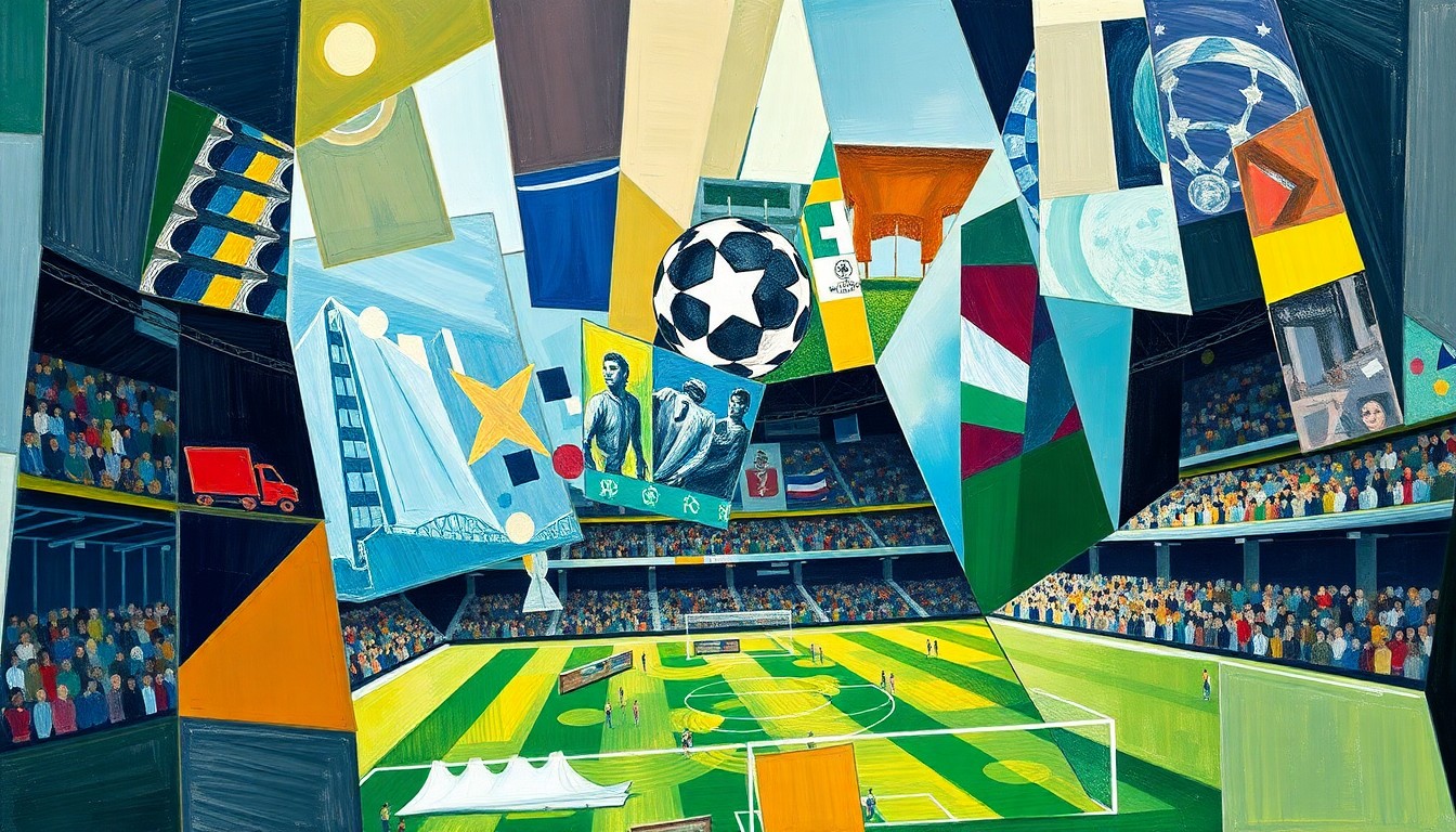 A cubist, geometric painting depicting a fragmented Champions League match, with overlapping planes and shapes representing the different perspectives and dynamics of the competition.