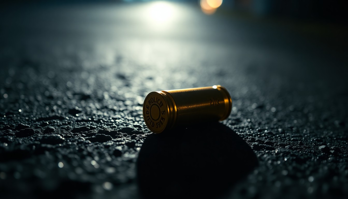 An extreme close-up of a metallic bullet casing on a dark pavement, the harsh flash creating dramatic shadows and highlights that convey a sense of the sudden, gritty nature of the police response to the dog attack incident.