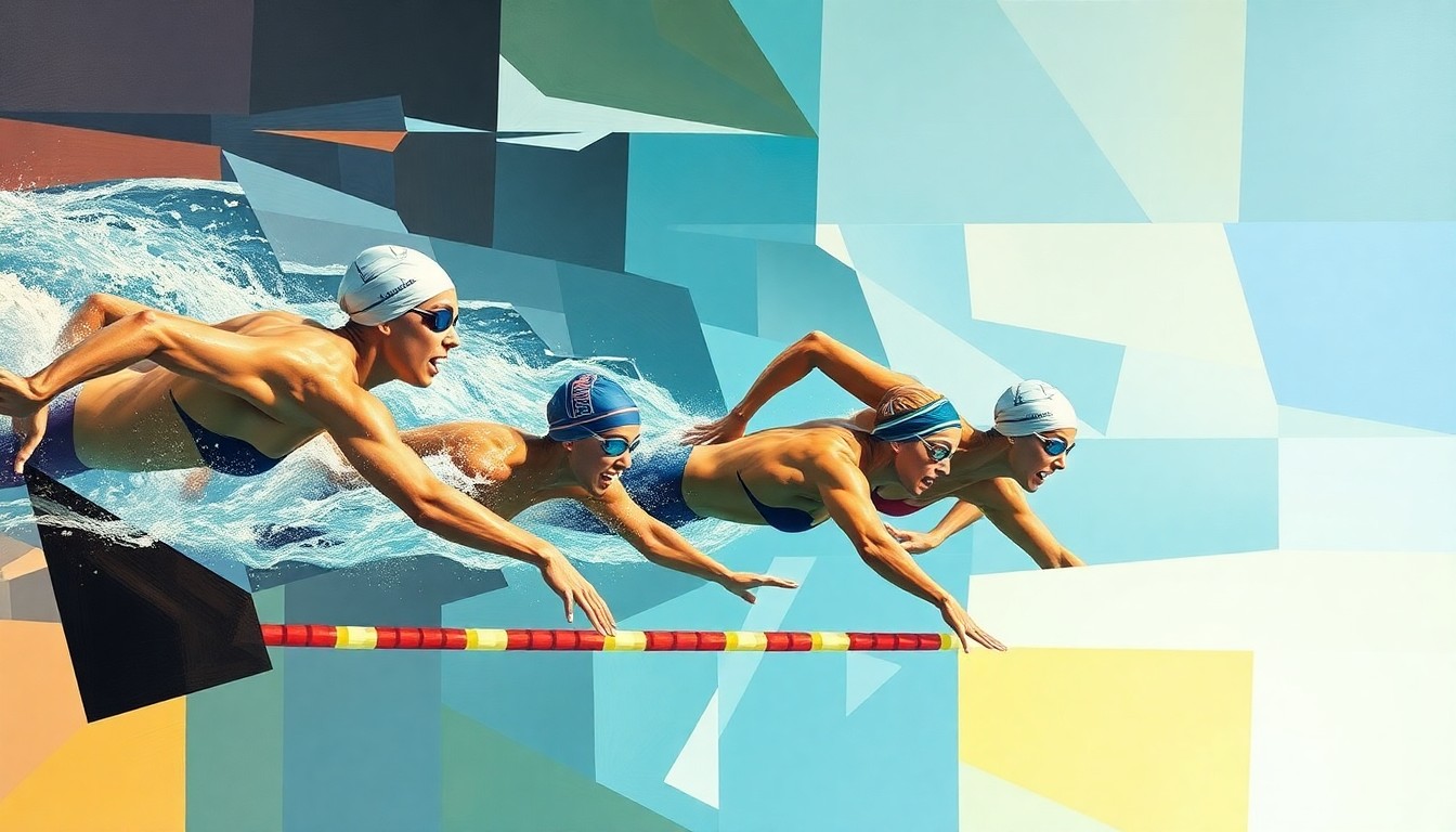 A fractured, cubist-style painting depicting the dynamic movements and overlapping forms of a women's 400-yard freestyle relay race, conveying the idea of Virginia's sustained excellence through an abstract, geometric visual representation.