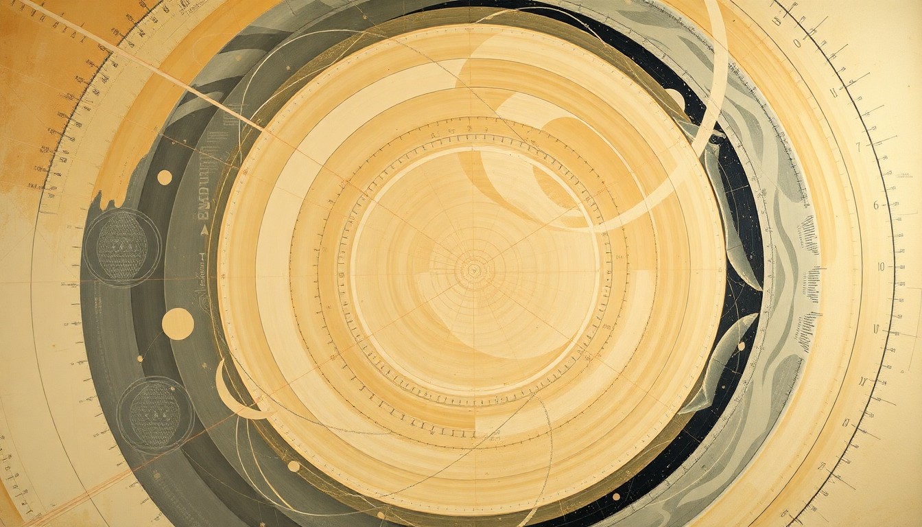 A highly structured abstract painting in soft, earthy tones featuring sweeping geometric arcs, concentric circles, and precise spirals, conceptually representing the complex forces and structures of space exploration and aerospace innovation.