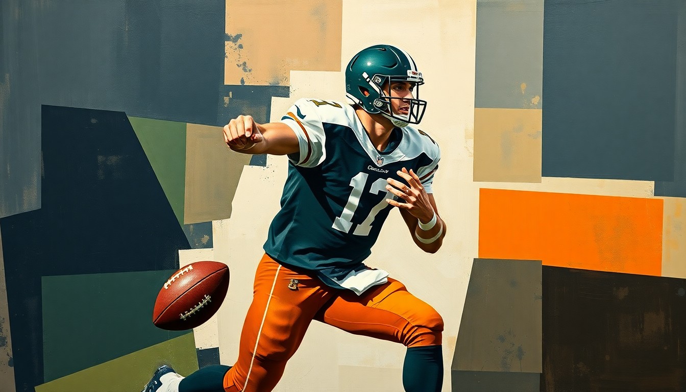 A fragmented, geometric painting depicting a football quarterback in motion, broken down into sharp, overlapping planes of navy, forest green, and burnt orange, conveying the multifaceted nature of a veteran player's potential return to the NFL.