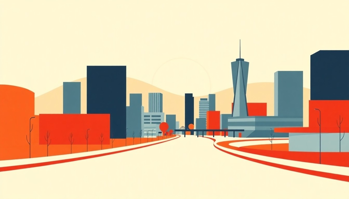 A minimalist, abstract illustration using geometric shapes and primary colors to represent the economic growth and prosperity of the 'Boom Belt' region.