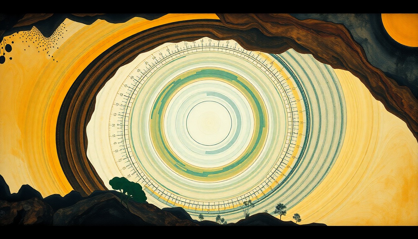 An abstract painting in soft, muted tones featuring sweeping geometric shapes, concentric circles, and precise botanical spirals, conceptually representing the complex scientific forces and hidden biodiversity within Cambodia's cave systems.