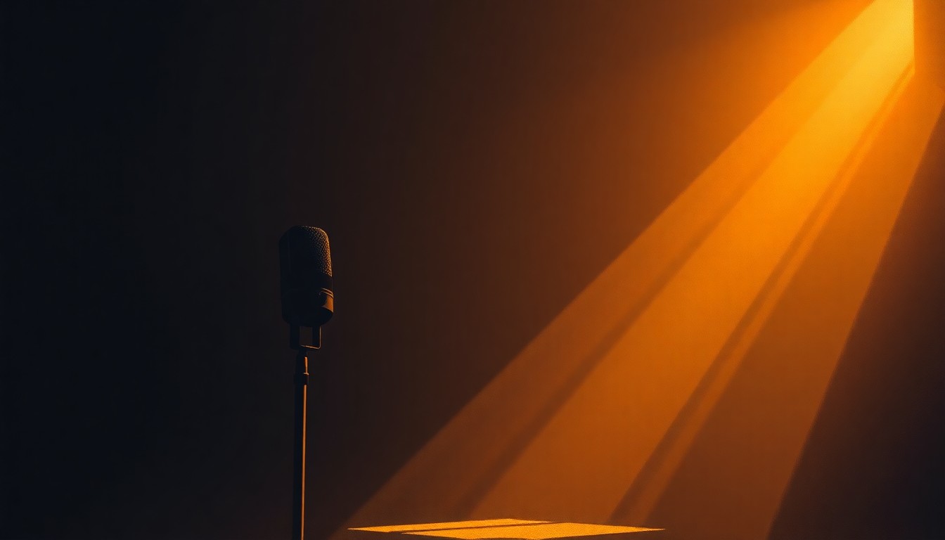 A dimly lit, urban setting with a solitary microphone or radio transmitter bathed in warm, diagonal sunlight and deep shadows, conveying a sense of contemplation and the power of information.