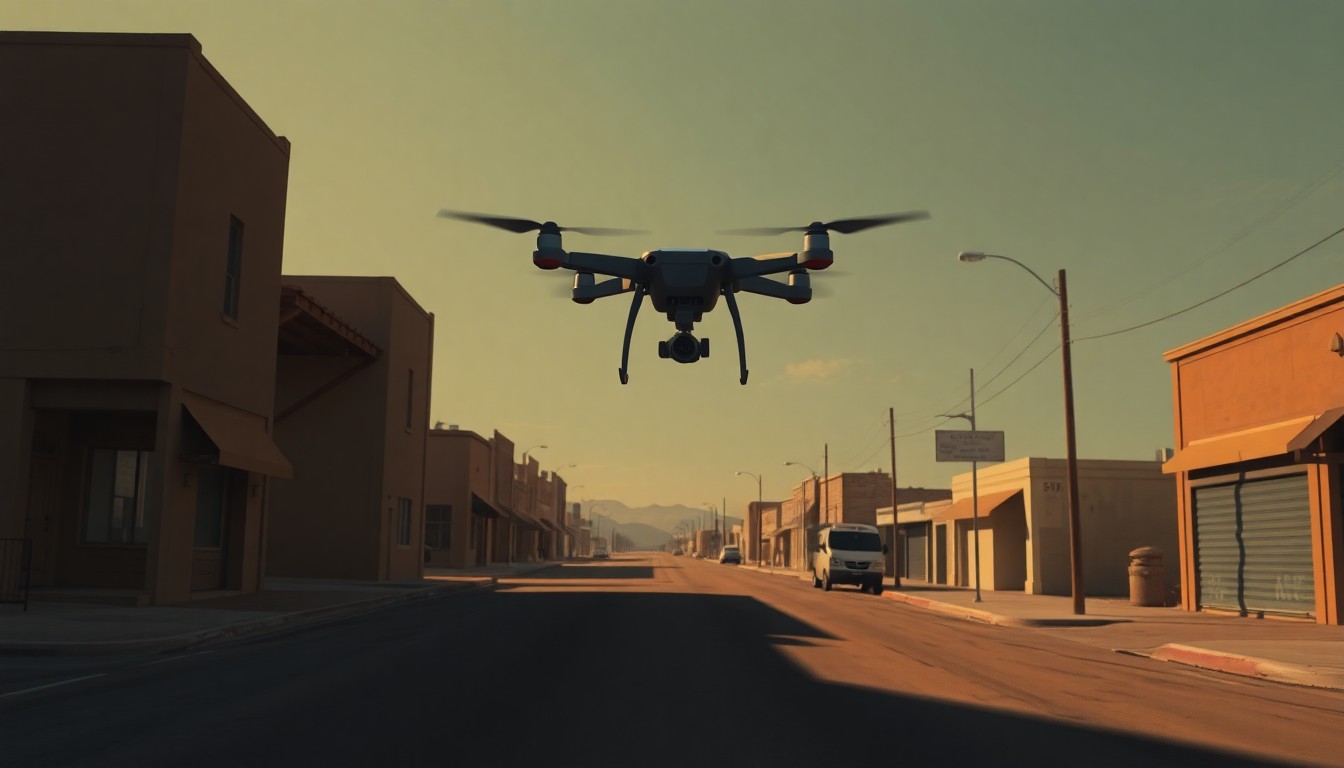A serene, cinematic painting depicting a lone drone hovering over a deserted El Paso street, the warm sunlight and deep shadows creating a sense of unease and uncertainty.