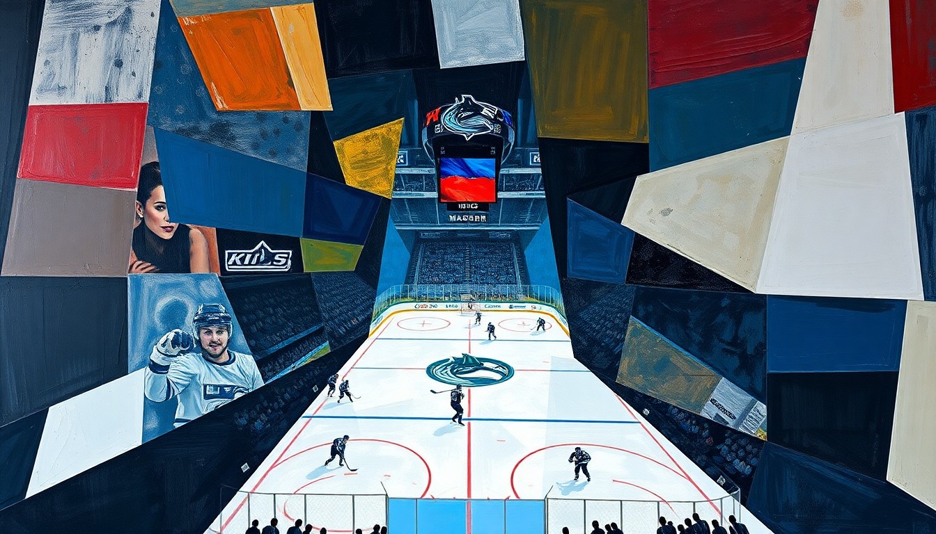 A cubist, geometric painting depicting a hockey game between the Los Angeles Kings and Vancouver Canucks, with players and the rink broken down into sharp, overlapping planes of color and shape.