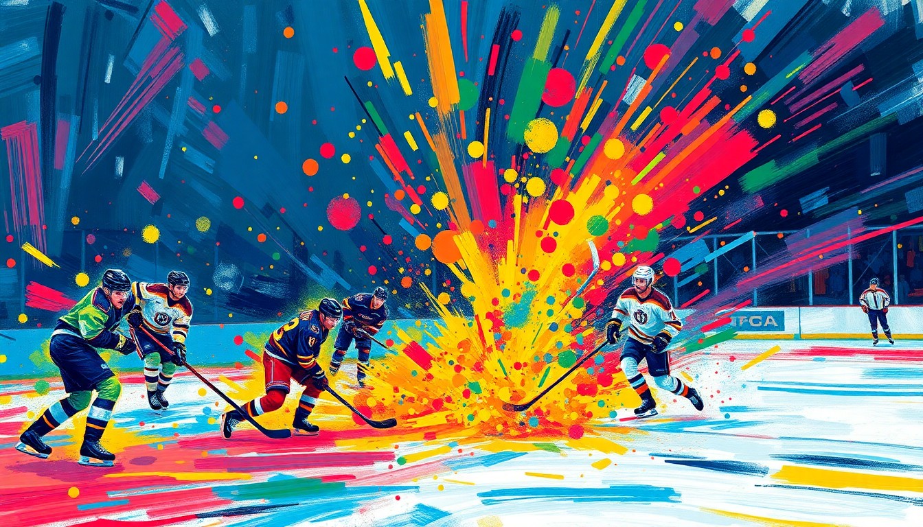 An abstract, expressionist painting in vibrant neon colors, capturing the frenetic energy and movement of a college hockey game, with players' figures dissolving into unrecognizable brushstrokes.