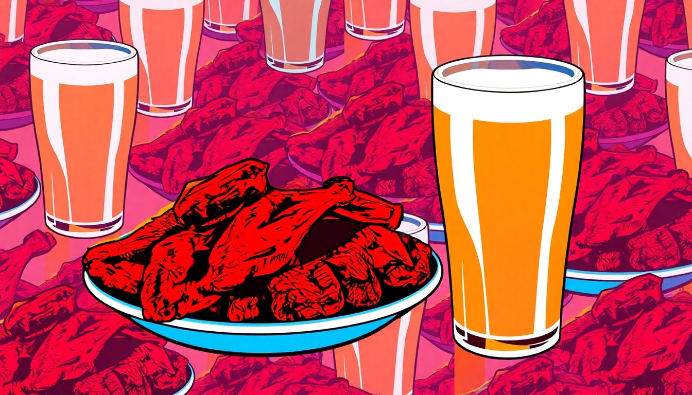 A vibrant, high-contrast silkscreen print featuring a repeating grid of a craft beer glass and a plate of smoked BBQ wings, capturing the bold and playful spirit of Midnight Owl's kosher brewpub concept.