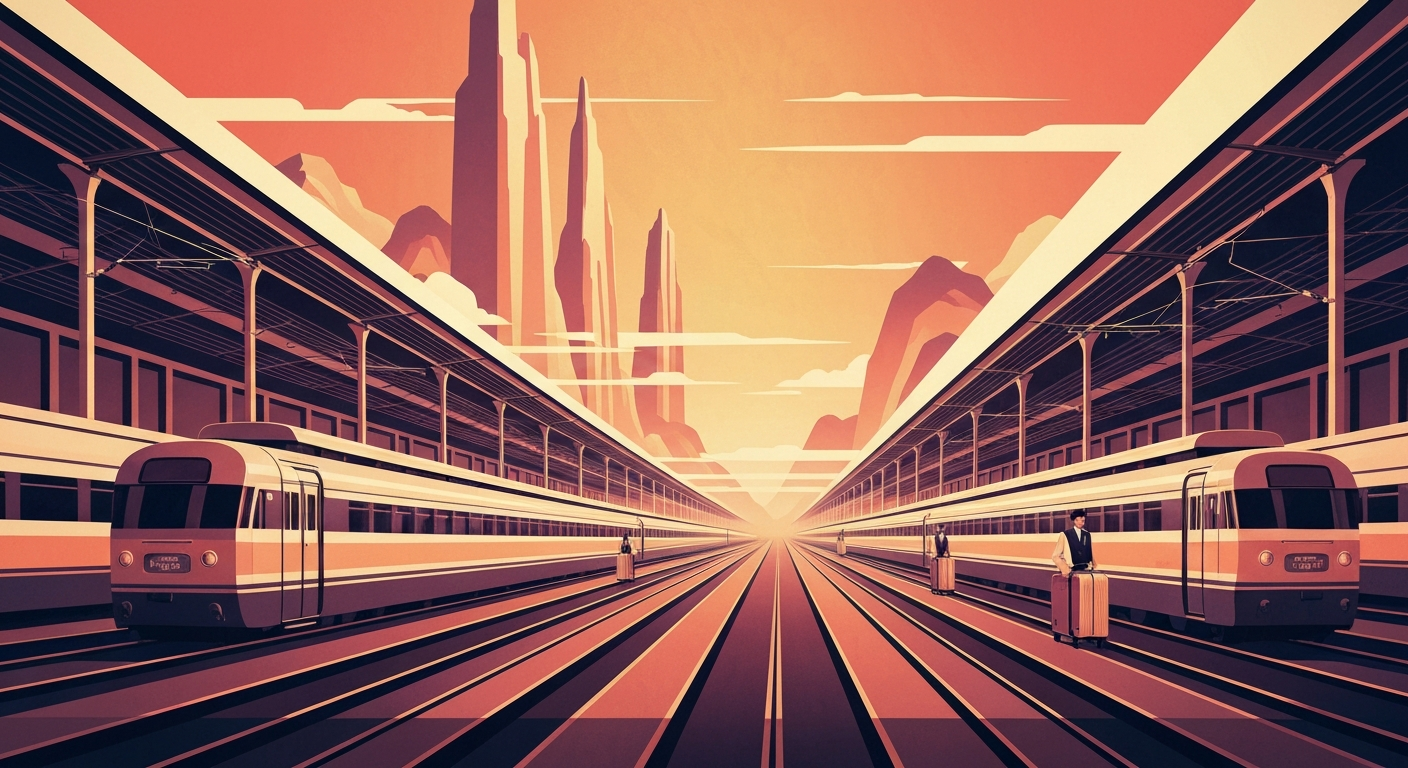 A highly stylized, geometric illustration depicting the grand scale and sweeping motion of a train station during the Qingming Festival travel rush in China, capturing the essence of cultural tourism and the enduring appeal of traditional festivals.