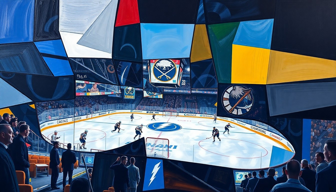 A fractured, multi-perspective painting depicting a hockey game between the Buffalo Sabres and Tampa Bay Lightning, with the players and action broken down into sharp, overlapping geometric shapes and planes in a cubist style.