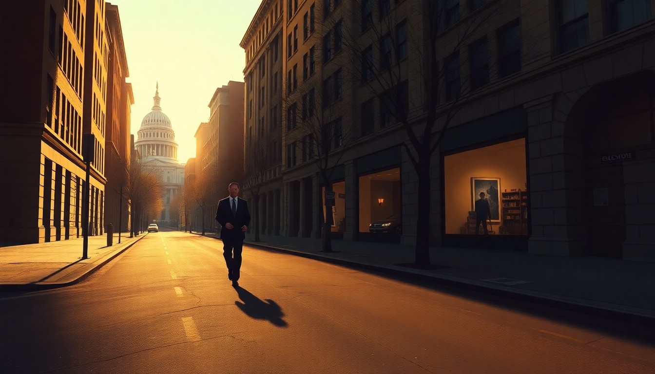 A cinematic painting of a lone politician walking down a deserted Capitol Hill street, the warm sunlight and deep shadows creating a sense of solitude and contemplation.