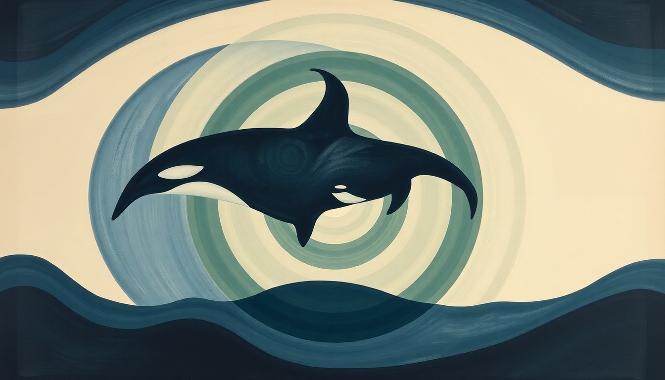 A highly textured, abstract painting in shades of blue, green, and grey, featuring sweeping geometric arcs, concentric circles, and precise botanical spirals, conceptually representing the complex social and ecological forces impacting the survival of the last two orcas of the West Coast Community pod.