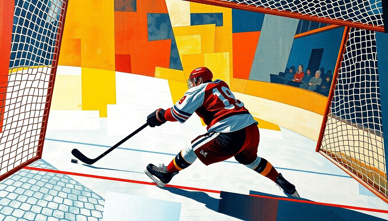 A cubist, geometric painting depicting a hockey player scoring an empty-net goal, with the action broken down into sharp, overlapping planes of color, conveying the emotional complexity and team dynamics behind the moment.