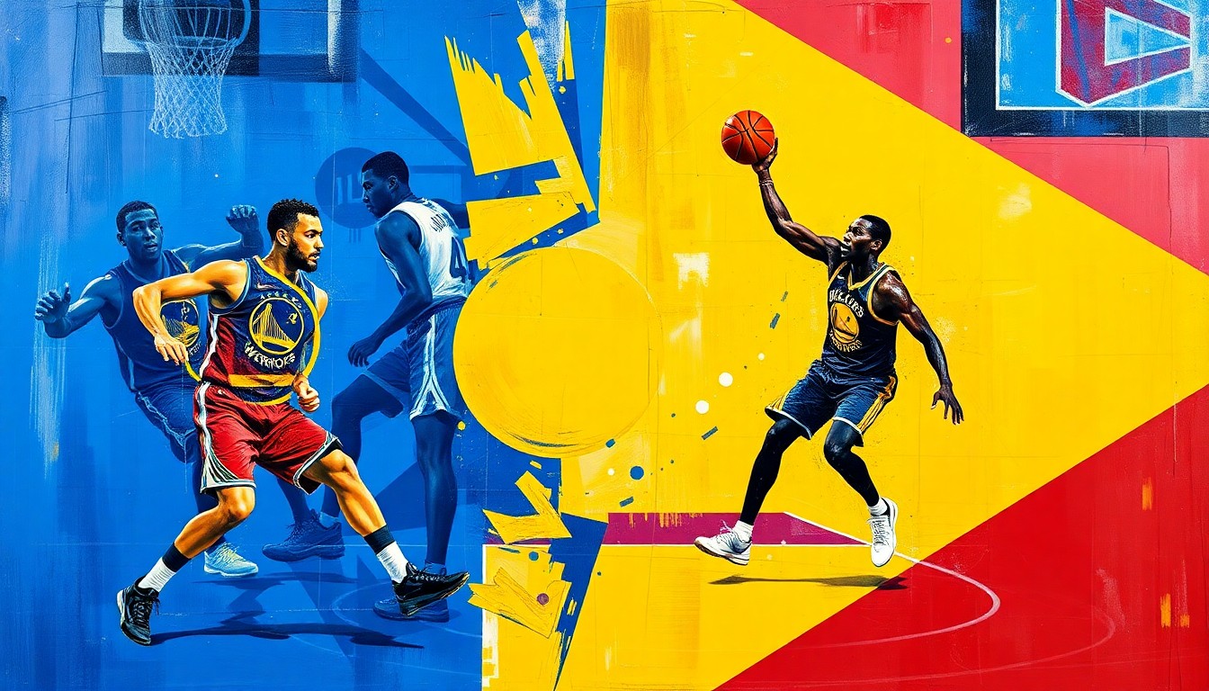 A fragmented, geometric painting depicting the frenetic movements and energy of a high-stakes basketball game between two elite teams, with players and the ball rendered in abstracted, angular forms.