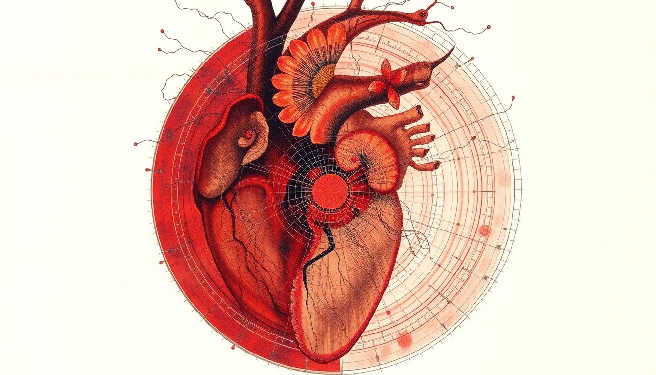 A highly structured abstract painting in soft blues, greens, and grays, featuring sweeping geometric arcs, concentric circles, and precise botanical spirals, conceptually representing the complex electrical activity within the human heart.