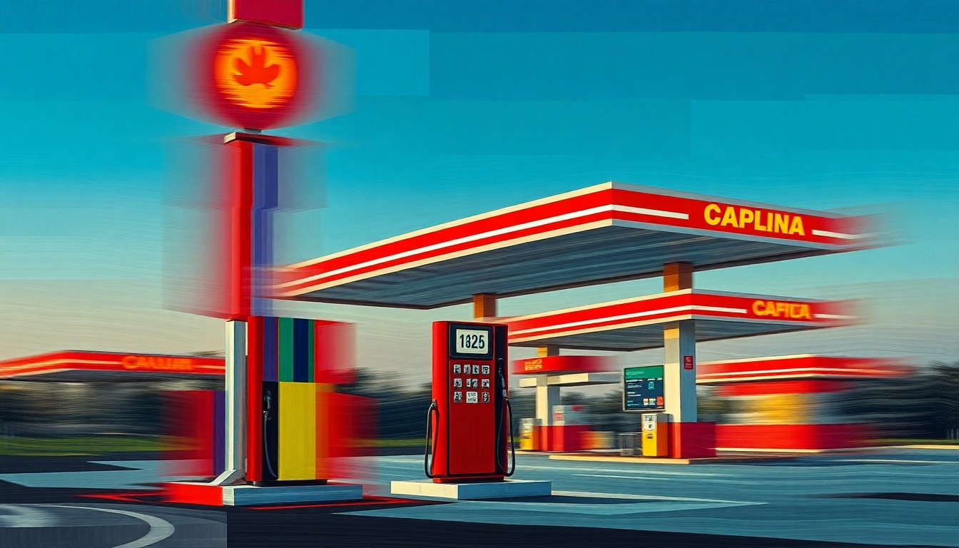A vibrant, abstract painting featuring overlapping, fractured shapes and lines in shades of orange, red, and yellow, conceptually representing the turbulence and uncertainty surrounding the fuel shortage.
