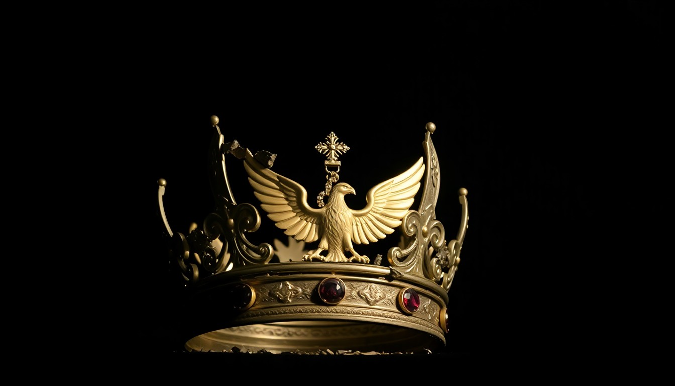 An extreme close-up photograph of the crushed and deformed crown, with its remaining precious stones and missing golden eagle, lit by a harsh, direct camera flash against a pitch-black background, conceptually illustrating the investigation into the theft and the delicate restoration process.
