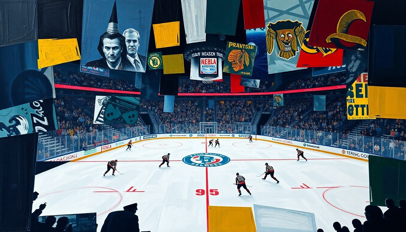 A cubist, geometric painting depicting a fragmented hockey game or match, with sharp, overlapping planes of color and shape representing the complex challenges facing the Seattle Kraken organization.