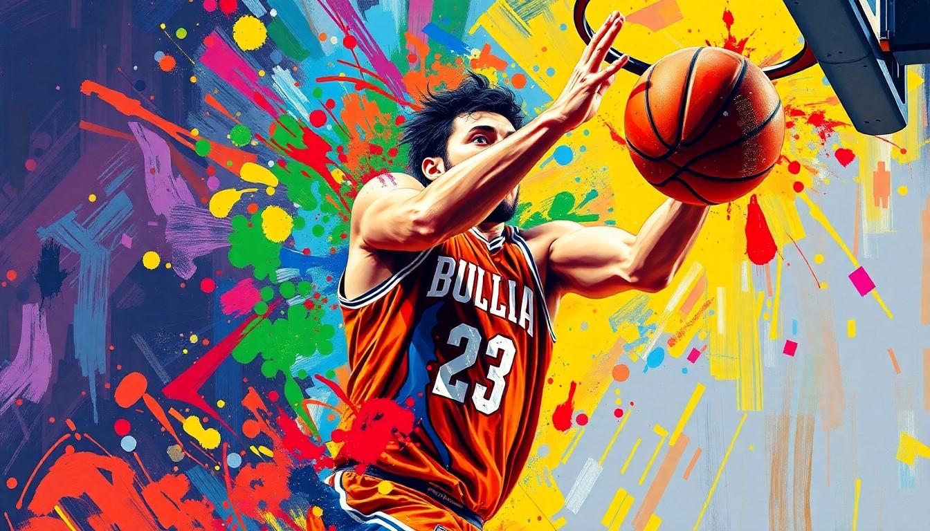 An abstract, expressionist painting in vibrant neon colors capturing the dynamic movement and raw energy of a basketball player driving to the hoop, their face and jersey dissolving into unrecognizable brushstrokes.