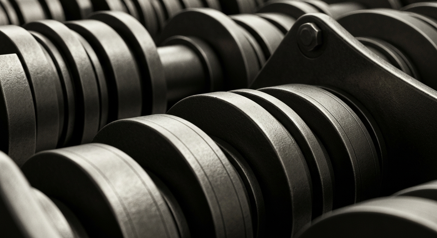 An extreme close-up of heavy, metallic banking equipment and mechanisms, conveying the physical, industrial nature of financial infrastructure without using any literal currency or charts.