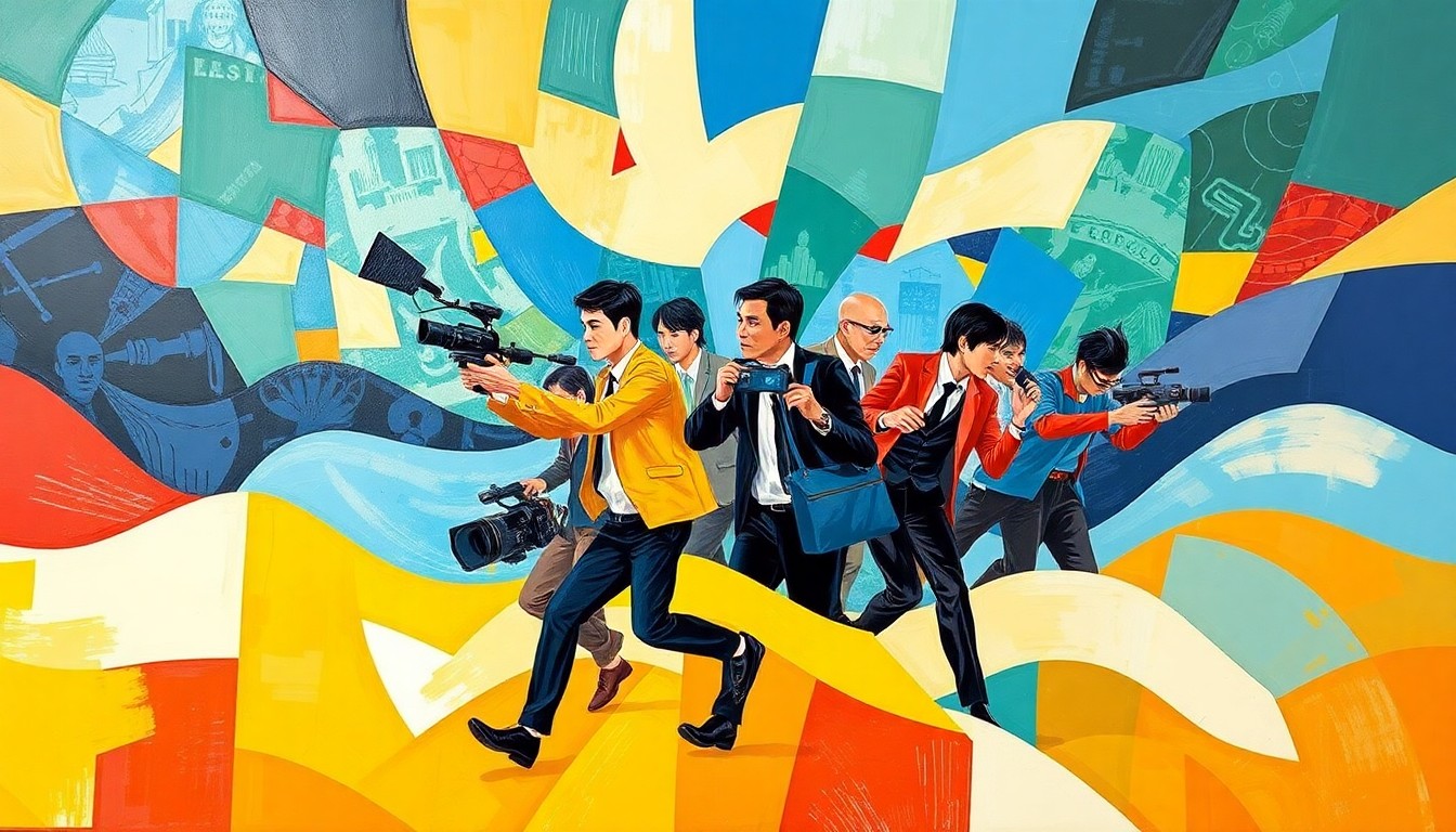 A vibrant, abstract painting in the style of Giacomo Balla, featuring overlapping, fractured shapes and geometric patterns in bold colors, representing the dynamic and rapidly changing media landscape in Southeast Asia.