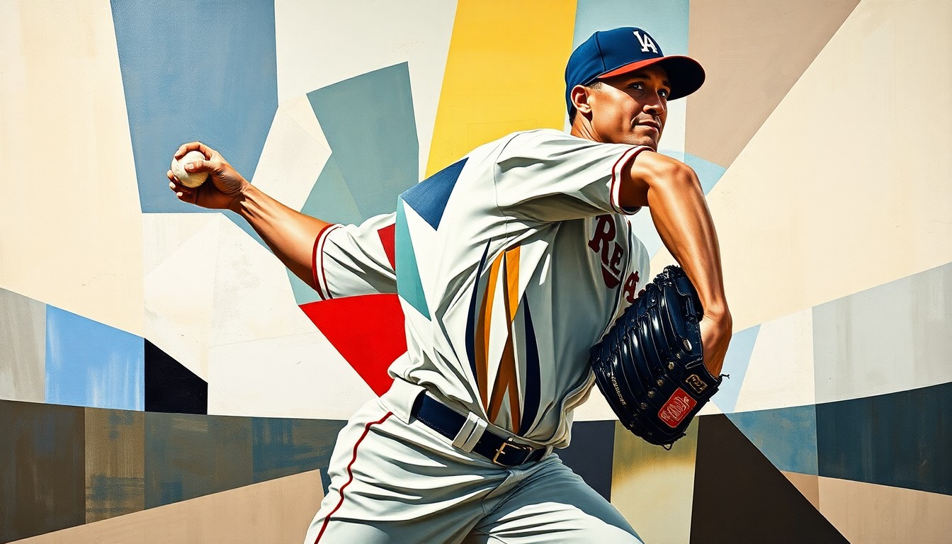 A fragmented, geometric painting depicting a baseball pitcher's motion, with sharp, overlapping planes of color and form conceptually representing the multifaceted decision-making process surrounding Tatsuya Imai's MLB future.