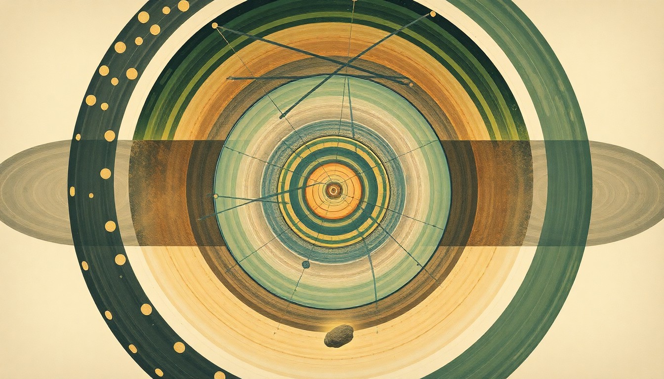 A highly textured, abstract painting in muted earth tones depicting sweeping geometric arcs, concentric circles, and intersecting waveforms, conceptually representing the complex scientific forces behind China's planned asteroid deflection mission.