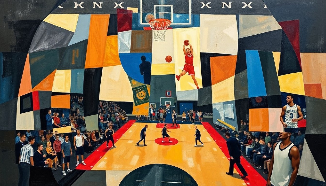 A fragmented, geometric painting depicting the intense action and high-pressure moments of a close basketball game, with players and the court deconstructed into sharp, overlapping shapes and planes.