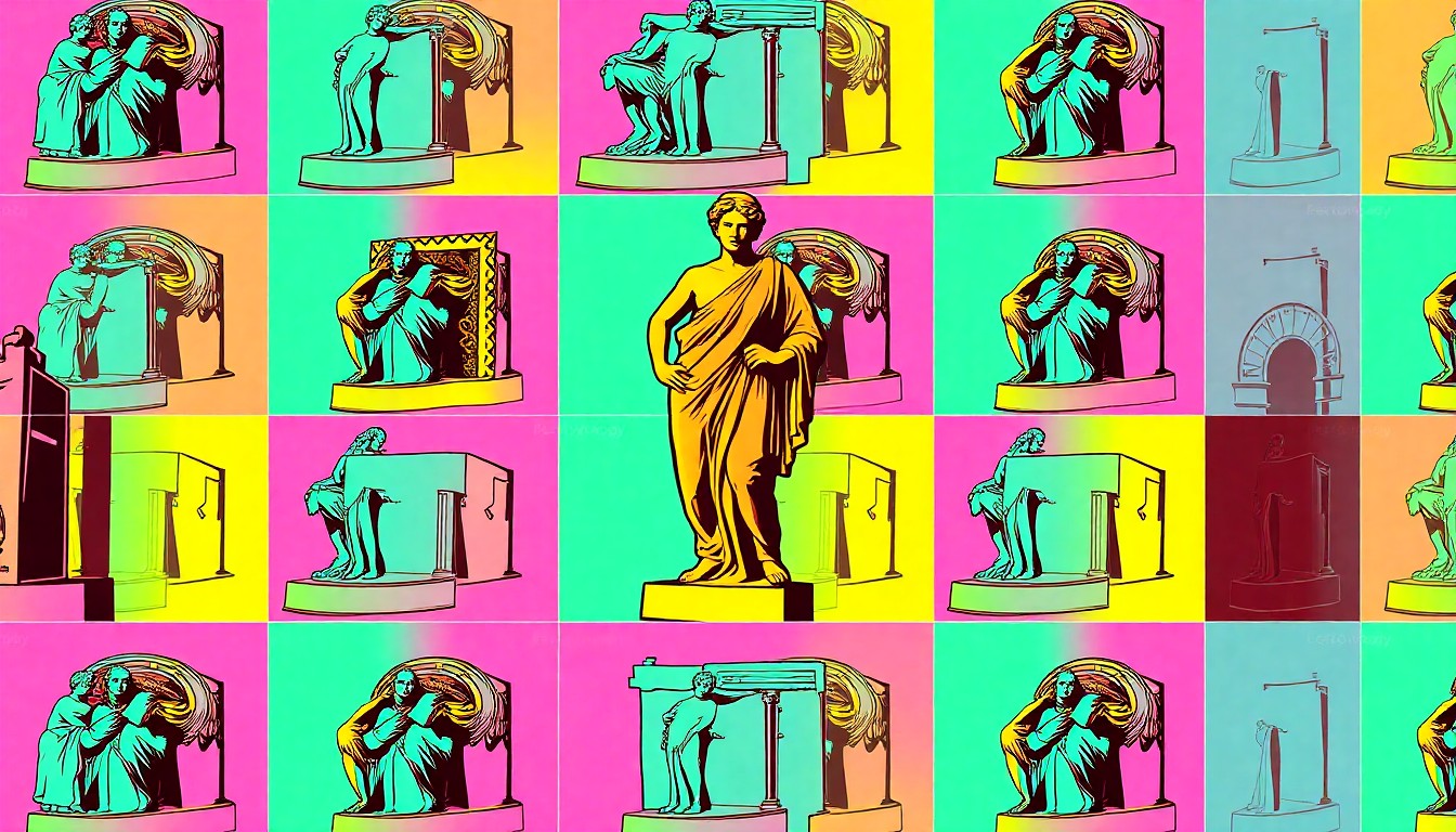 A high-contrast silkscreen print of an abstract, geometric sculpture or architectural detail from the Everson Museum, repeated in a grid of vibrant neon colors and heavy black outlines, conceptually representing the museum's embrace of diverse perspectives and innovative approaches.