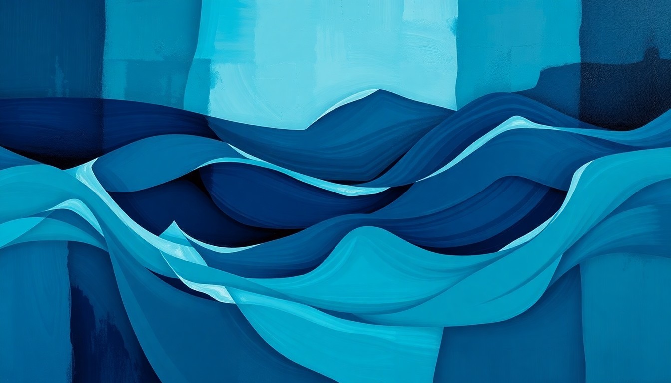 A fractured, geometric painting in shades of blue and teal, depicting the Strait of Hormuz in an abstract, kinetic style that conveys the tension and uncertainty surrounding the diplomatic standoff between the U.S. and Iran.