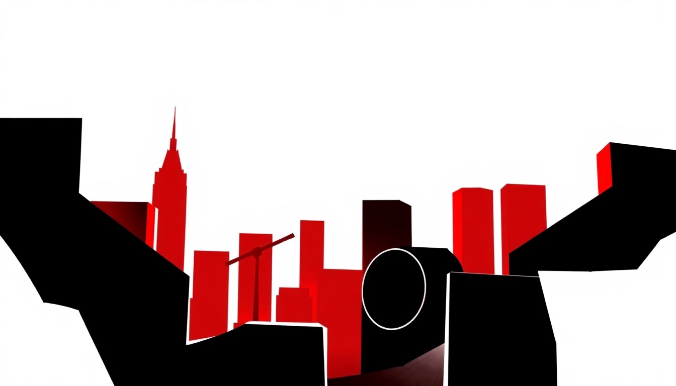 An abstract composition of bold, jagged shapes in red and white, conceptually representing the comeback of a classic rock radio program to its hometown market.