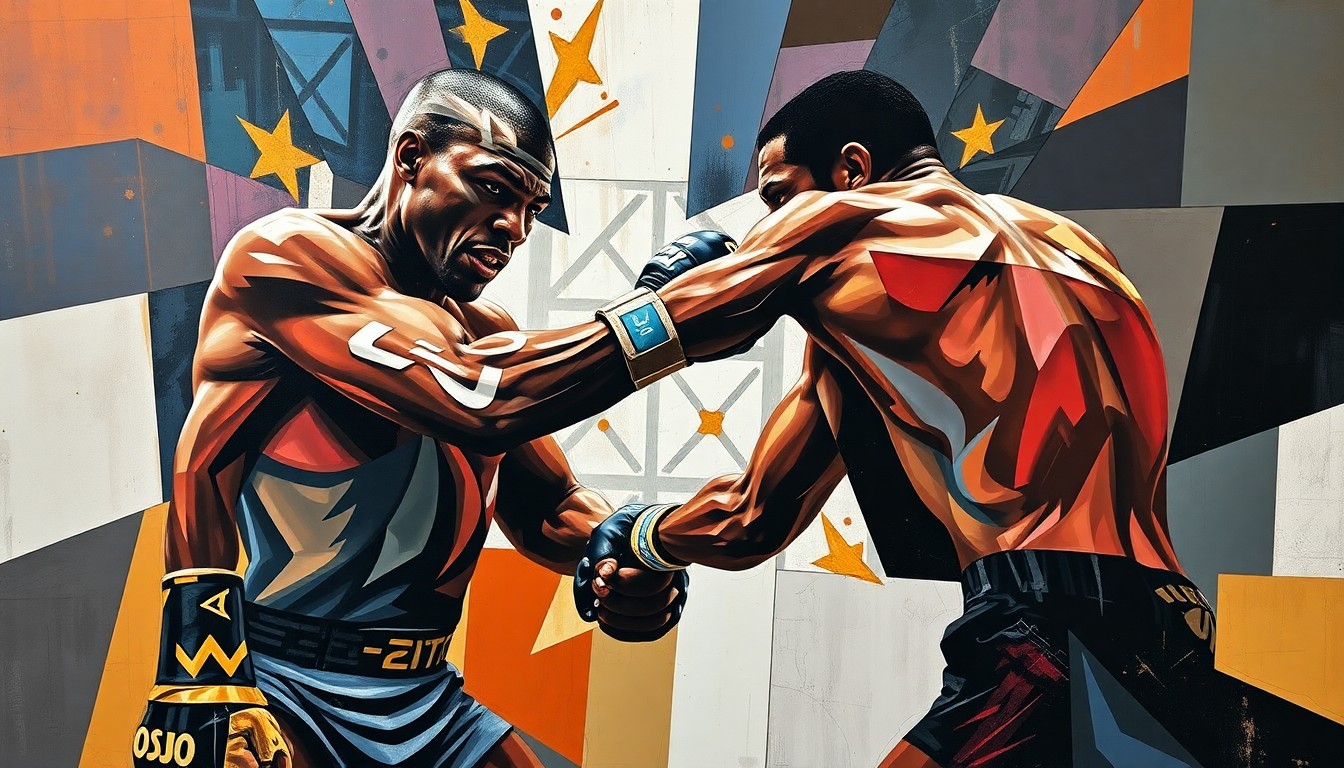 A cubist, geometric painting depicting a mixed martial arts fight, with the fighters' forms broken down into sharp, overlapping planes of color and shape, conveying the raw power and intensity of the sport.