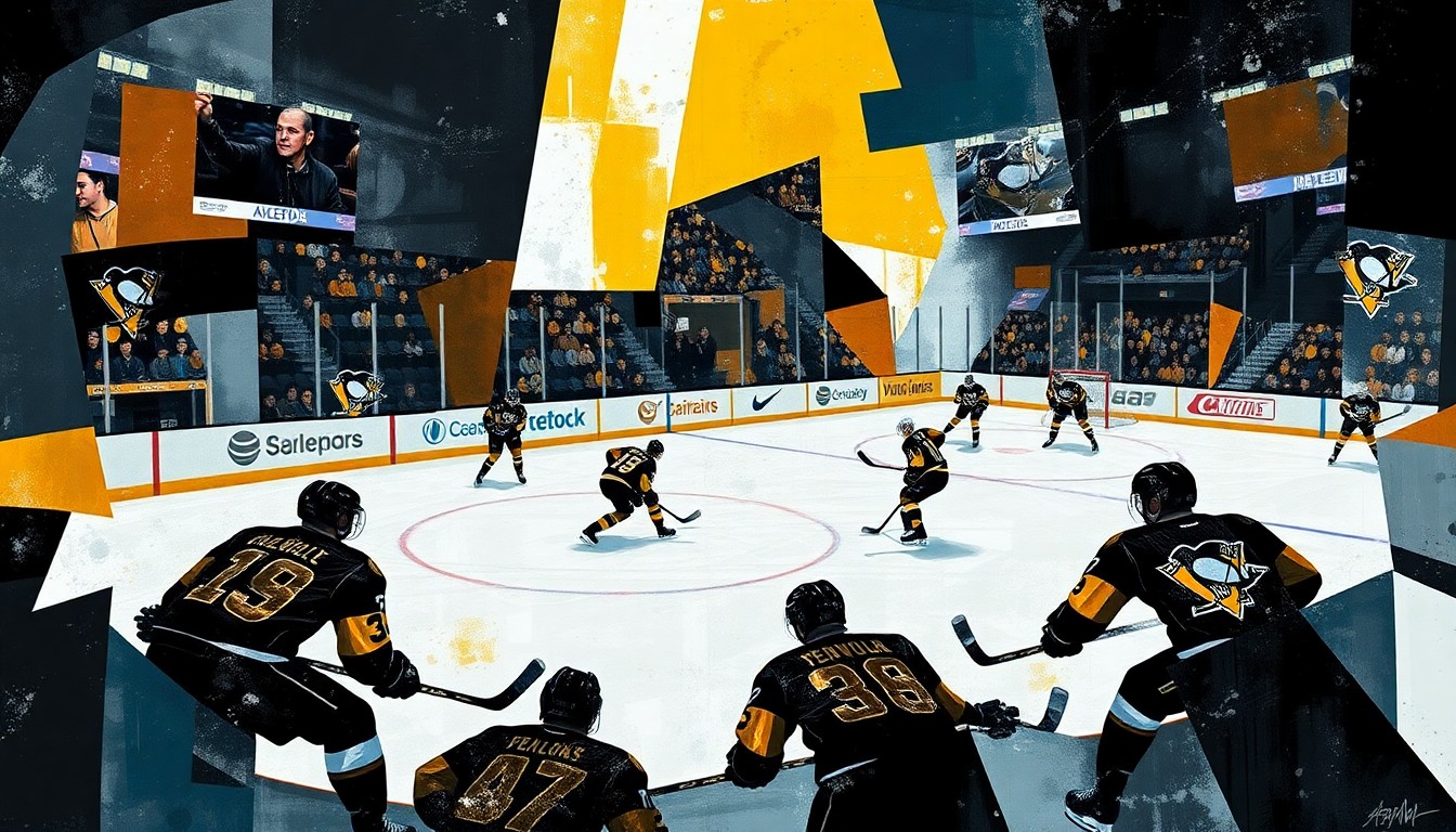 A cubist, geometric painting depicting a hockey game in abstract shapes and planes of color, with the Penguins' black and gold team colors prominent, conveying the team's multifaceted approach to the game.