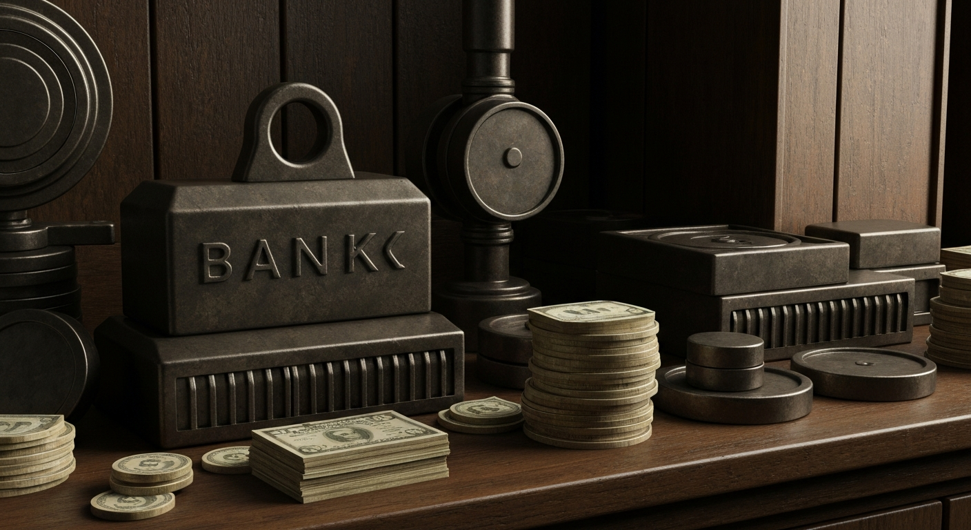 An extreme close-up of intricate banking mechanisms and metal components, conveying the complex, industrial nature of the financial markets without using any literal financial symbols or text.