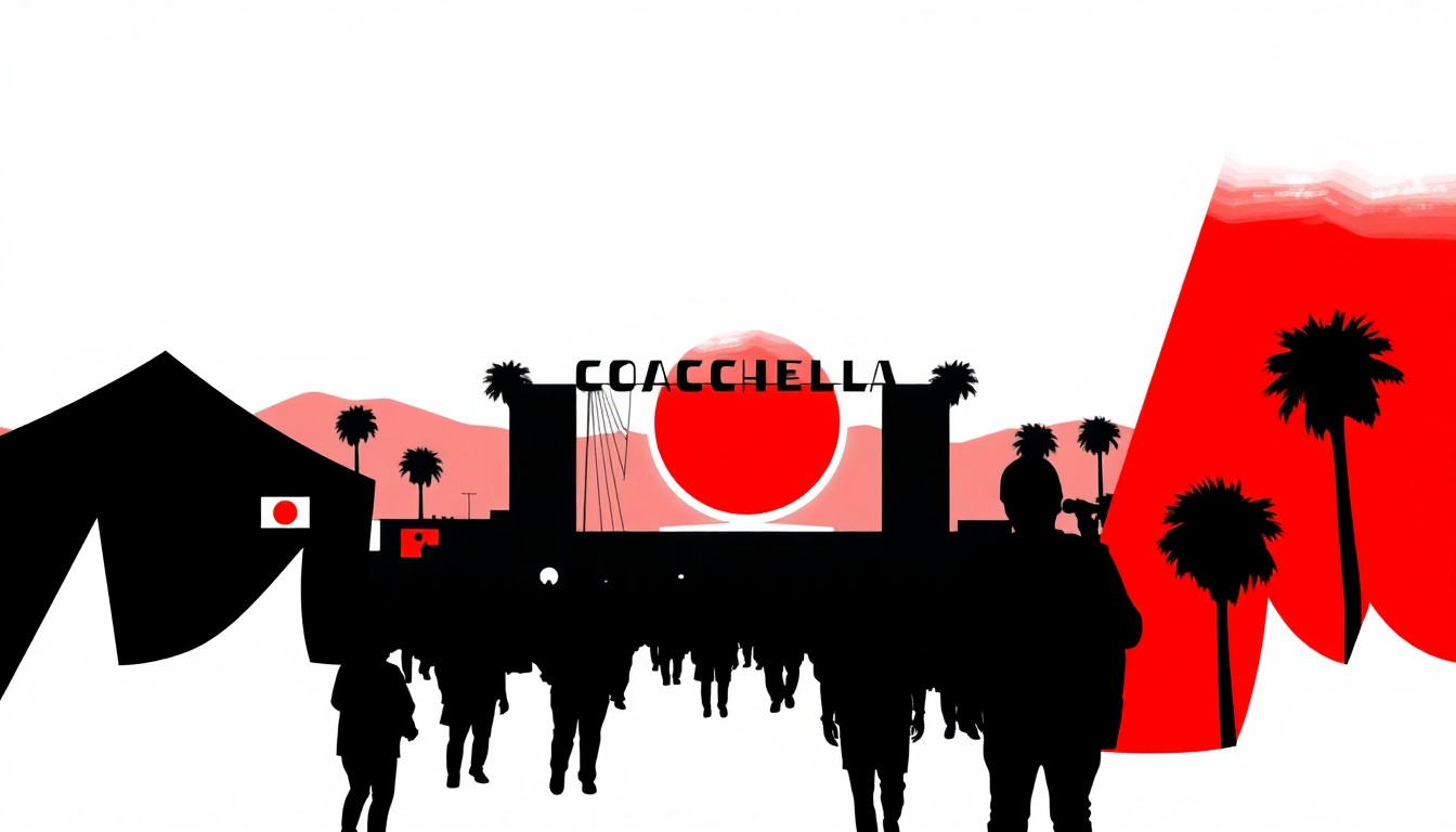 A striking abstract composition of jagged black silhouettes and bold red geometric shapes, conceptually representing the energy and excitement of the Coachella music festival.