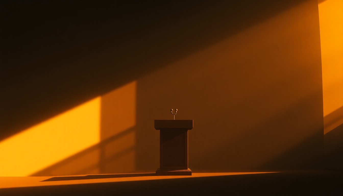 A cinematic painting of a solitary political podium or lectern set against a dimly lit urban backdrop, with warm diagonal sunlight and deep shadows, conceptually representing the mood and setting of a campaign rally focused on cost of living issues.