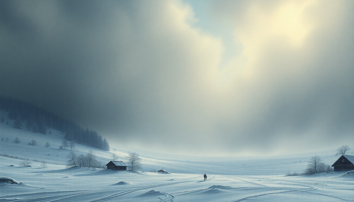 A vast, majestic landscape painting in muted tones of gray and white, capturing the overwhelming scale and power of a severe winter storm. The scene dissolves any physical structures into the swirling, atmospheric vortex of heavy snowfall and dramatic lighting, conveying the raw energy of the natural disaster.