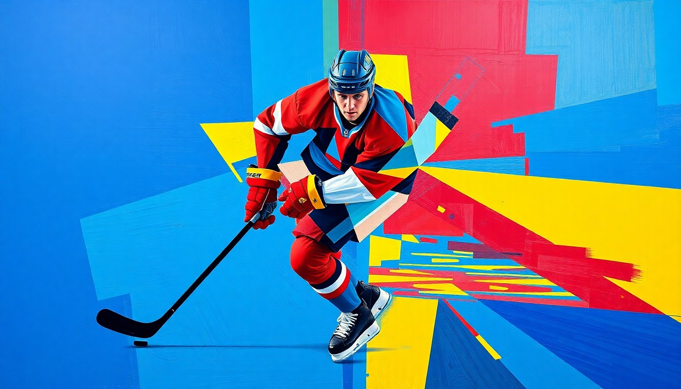 A fractured, multi-perspective painting in bold, vibrant colors depicting a hockey player in motion, with sharp, overlapping geometric shapes that convey the dynamic energy of the sport.