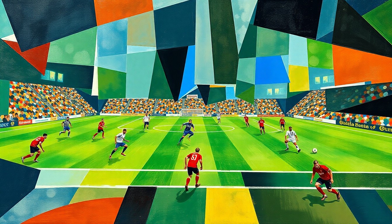 A fractured, cubist-style painting depicting a football game, with players and the field reduced to abstract geometric shapes and planes of color, capturing the dynamic energy and motion of the sport.