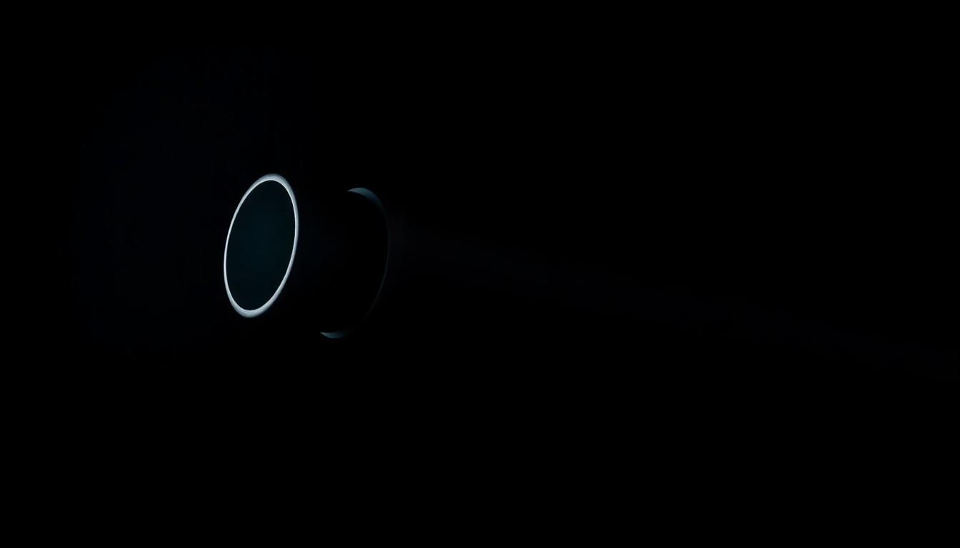 An extreme close-up photograph of a firearm silencer against a pitch-black background, creating a stark, gritty, and investigative aesthetic.