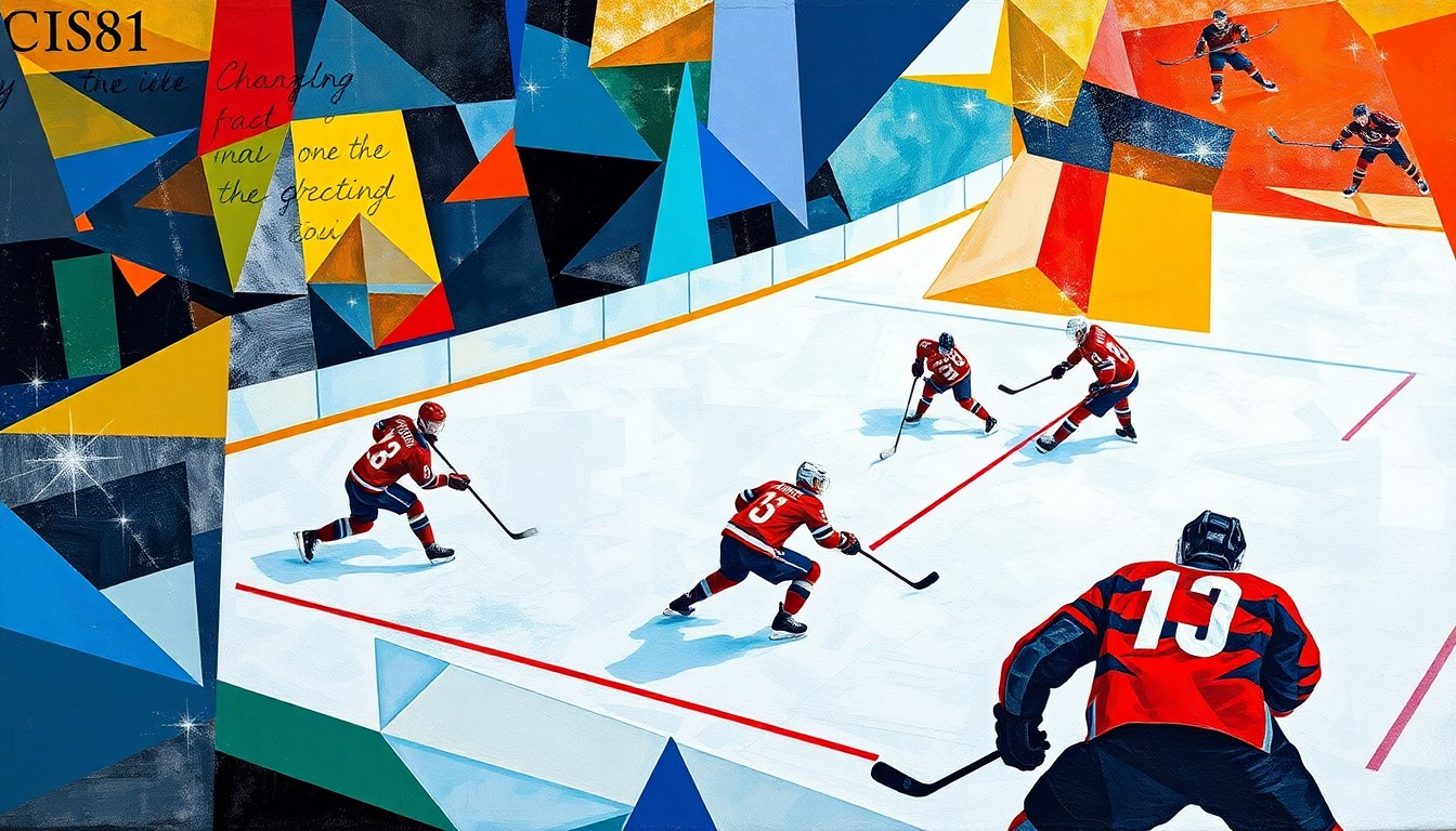 A cubist, geometric painting depicting a hockey game, with the players and ice reduced to angular, colorful shapes that capture the intensity and movement of the sport.